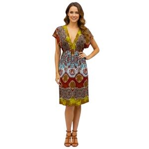 Leebe V-Neck Paisley Bohemian Print Dress Size Small